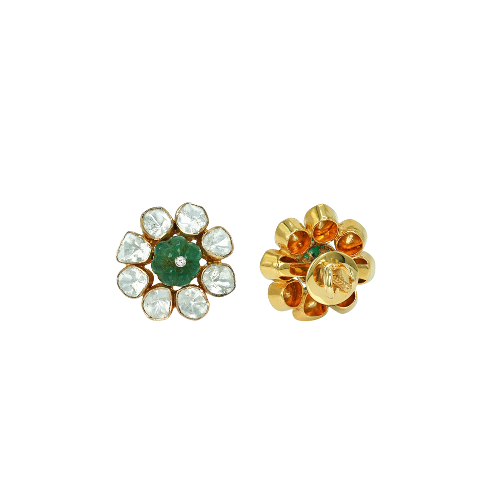 Polki Stud Earrings with Carved Emeralds
